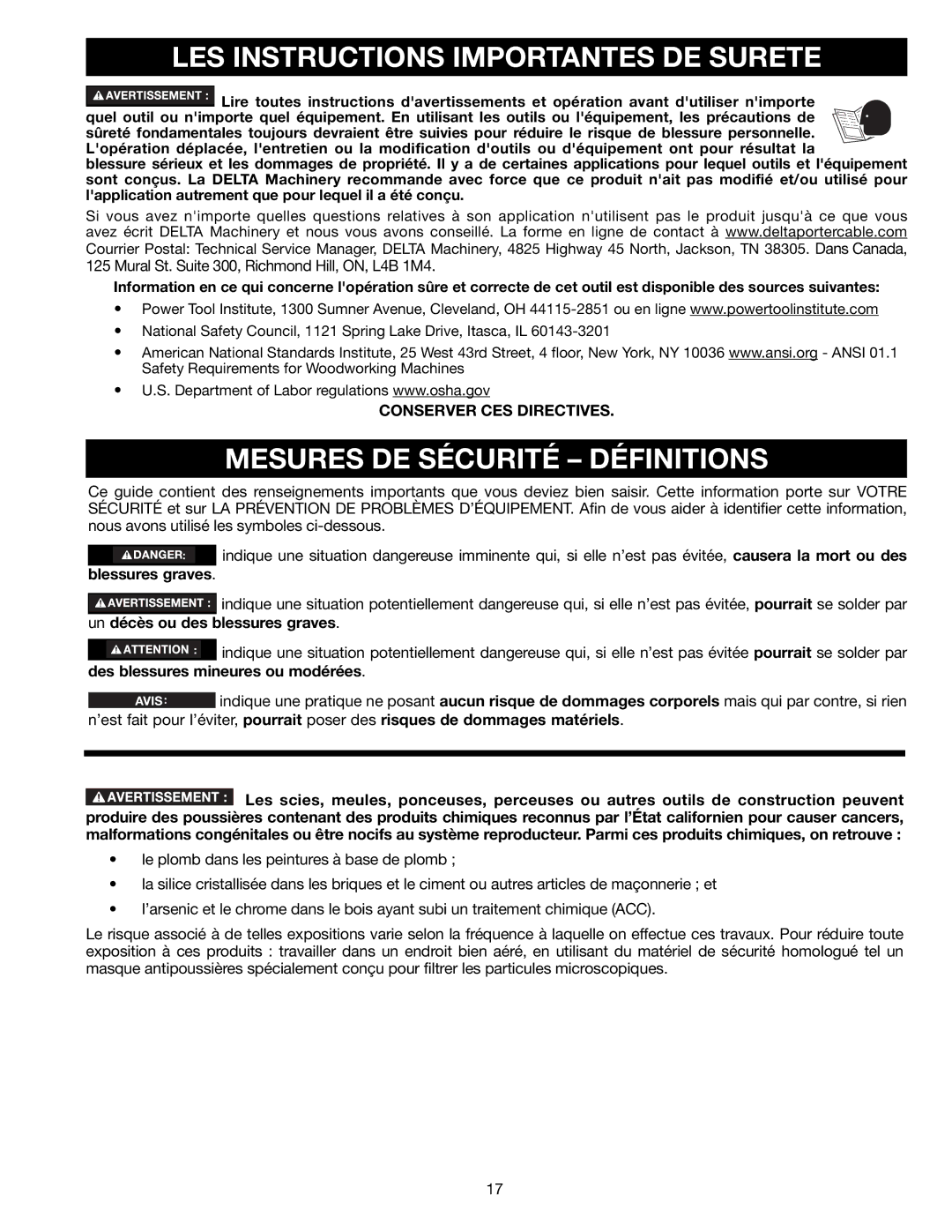 Delta 22-590 instruction manual LES Instructions Importantes DE Surete, Mesures DE Sécurité Définitions 