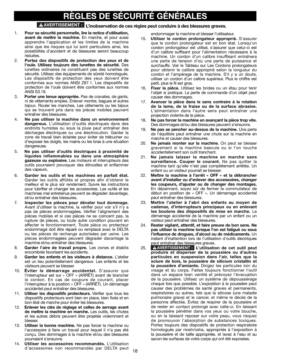 Delta 22-590 instruction manual Règles DE Sécurité Générales 