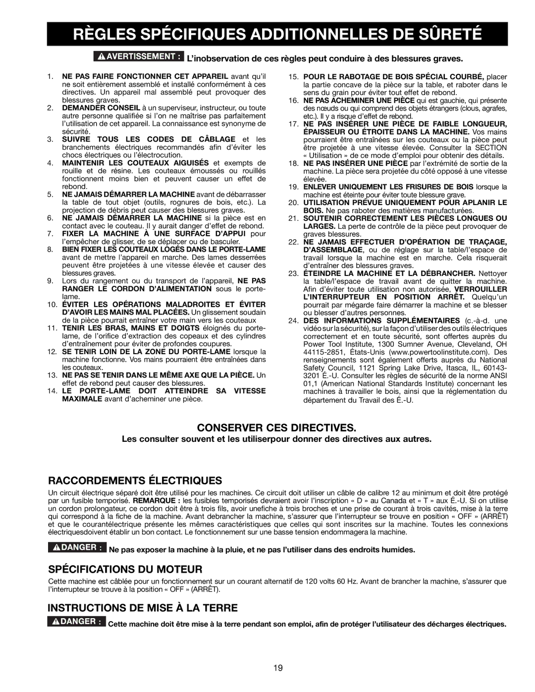 Delta 22-590 Règles Spécifiques Additionnelles DE Sûreté, Conserver CES Directives, Raccordements Électriques 