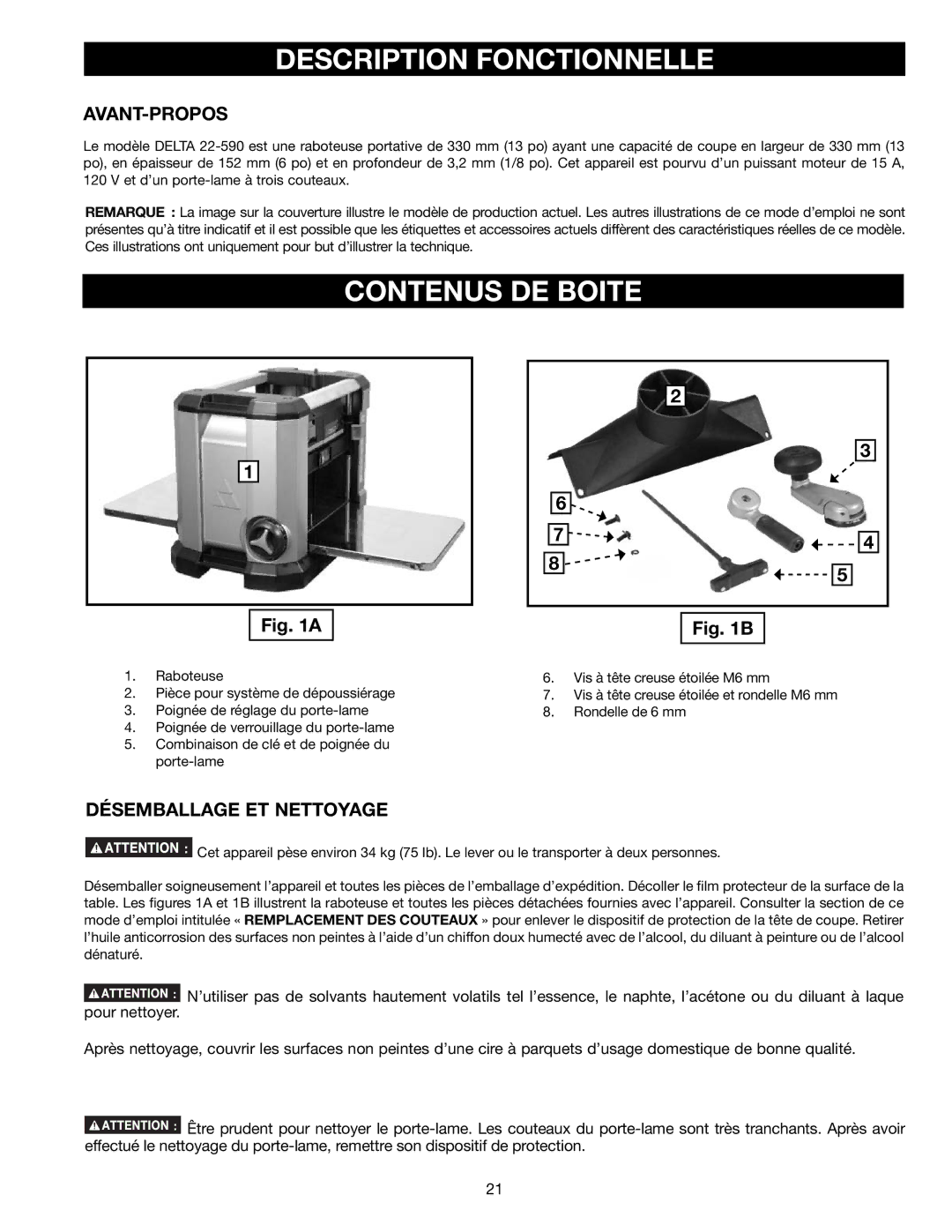 Delta 22-590 instruction manual Description Fonctionnelle, Contenus DE Boite, Avant-Propos, Désemballage ET Nettoyage 