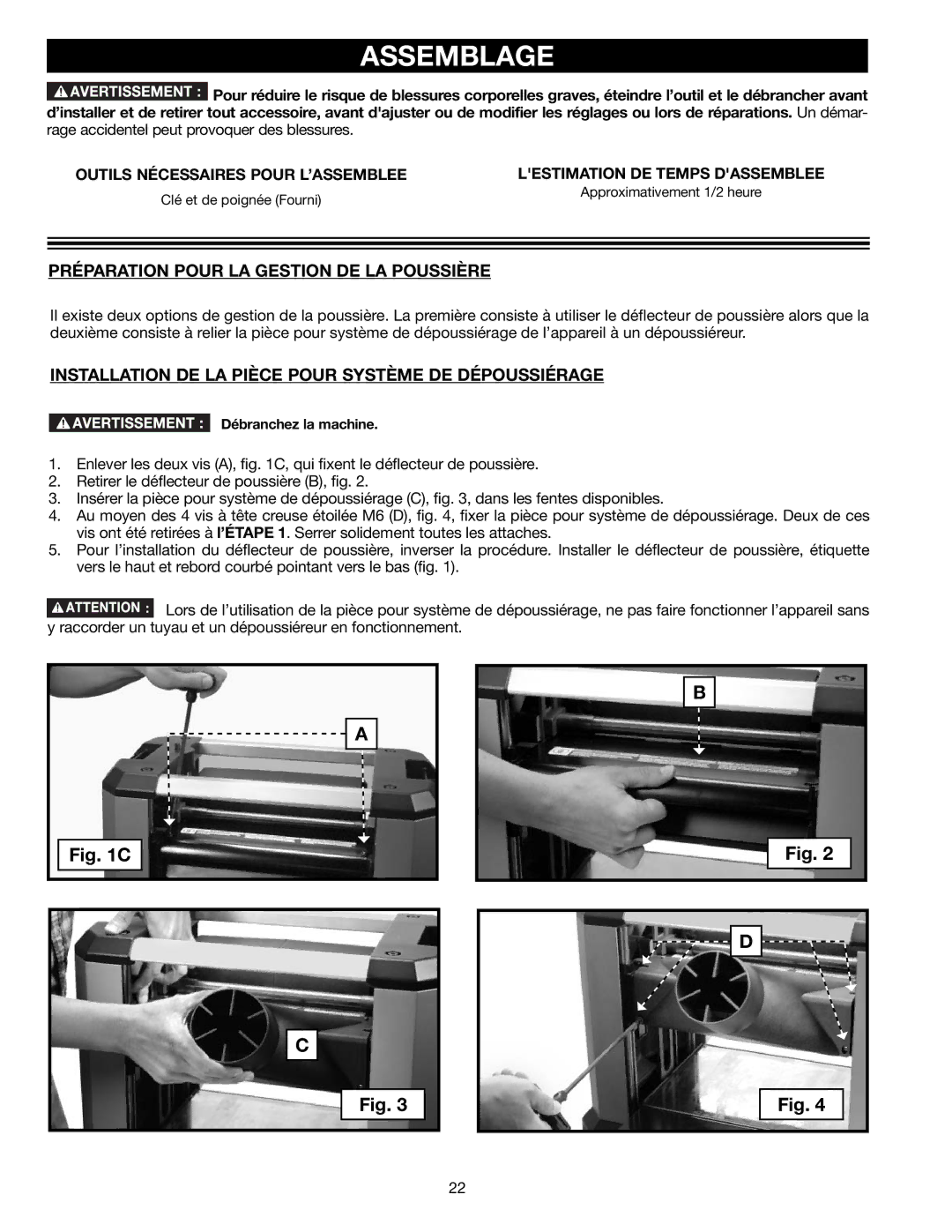 Delta 22-590 instruction manual Assemblage, Préparation Pour LA Gestion DE LA Poussière 