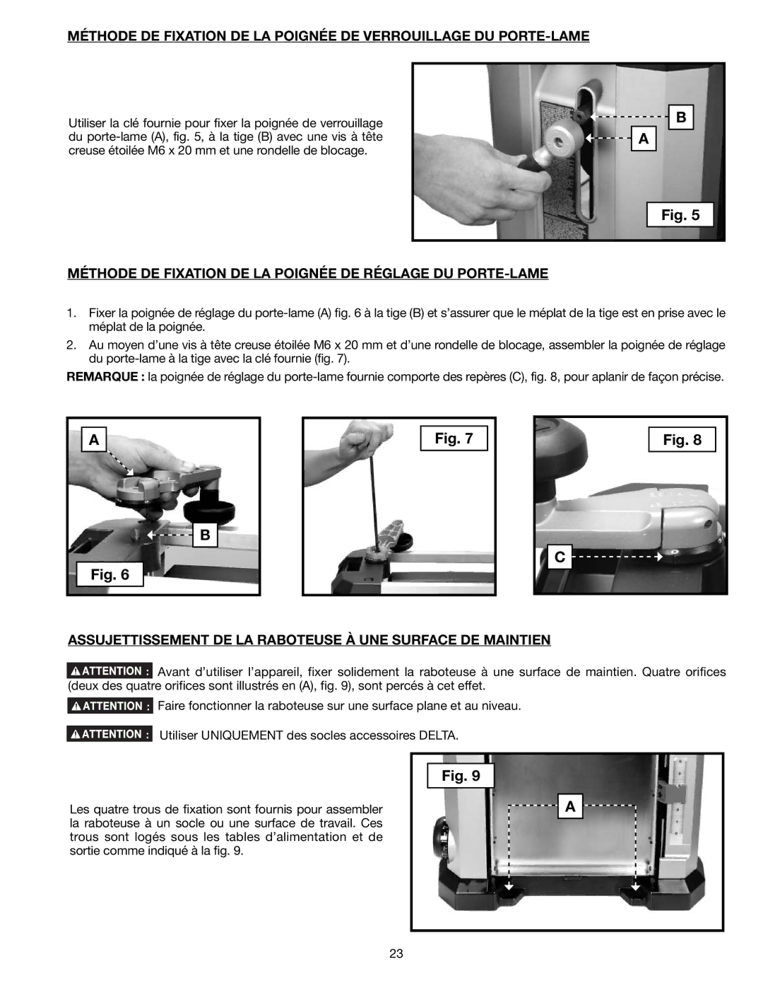 Delta 22-590 instruction manual Méthode DE Fixation DE LA Poignée DE Réglage DU PORTE-LAME 