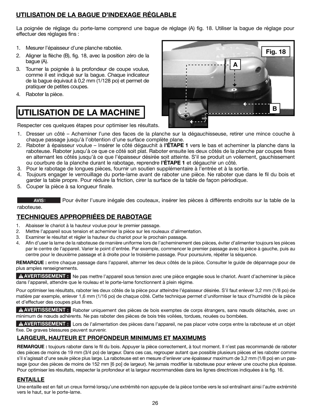 Delta 22-590 instruction manual Utilisation DE LA Bague D’INDEXAGE Réglable, Techniques Appropriées DE Rabotage, Entaille 