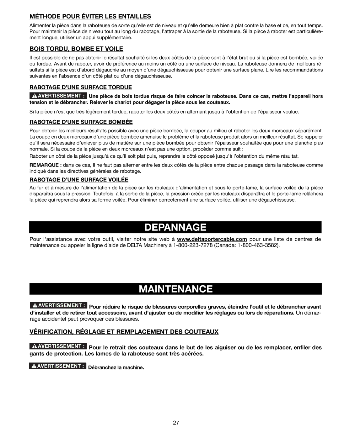 Delta 22-590 instruction manual Depannage Maintenance, Méthode Pour Éviter LES Entailles, Bois TORDU, Bombe ET Voile 