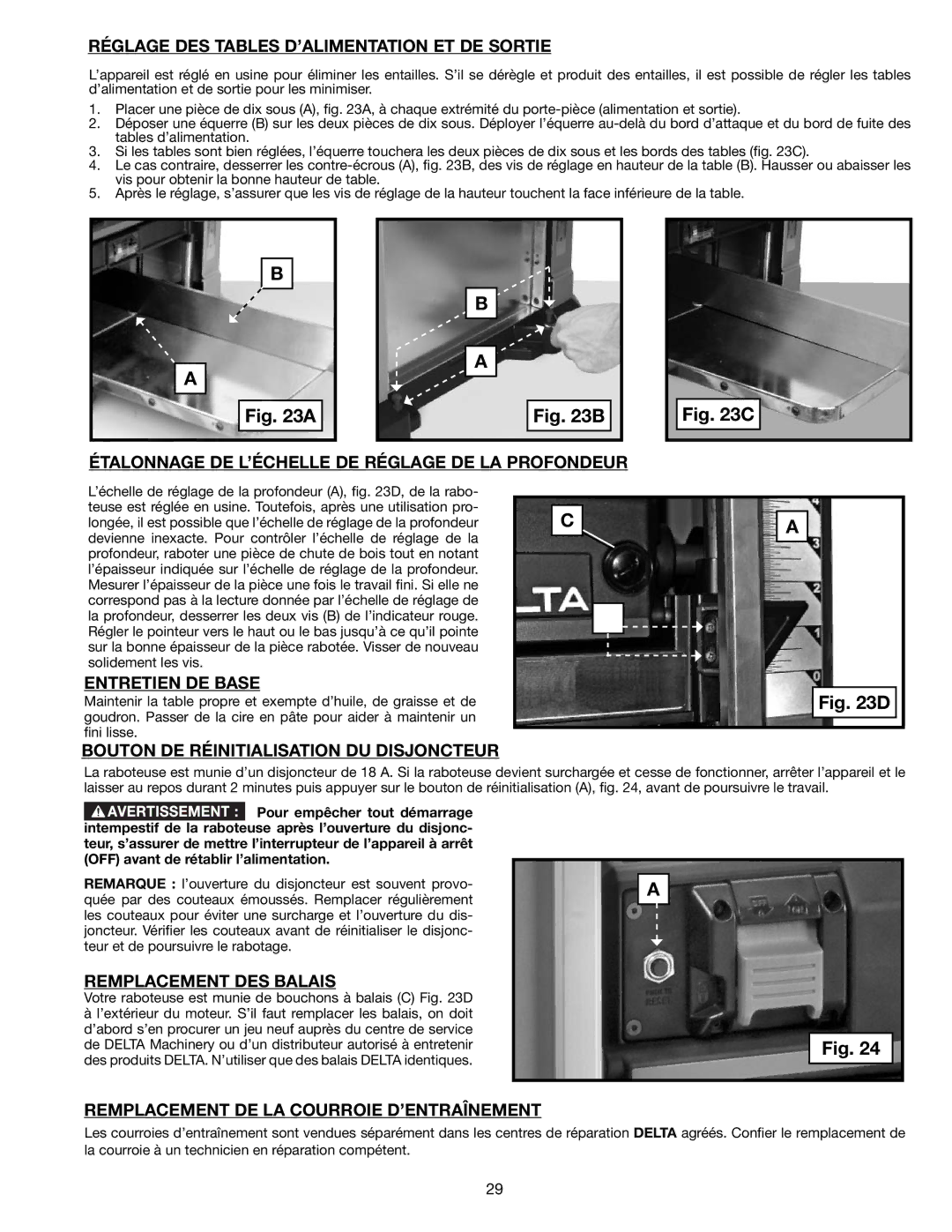 Delta 22-590 Réglage DES Tables D’ALIMENTATION ET DE Sortie, Étalonnage DE L’ÉCHELLE DE Réglage DE LA Profondeur 