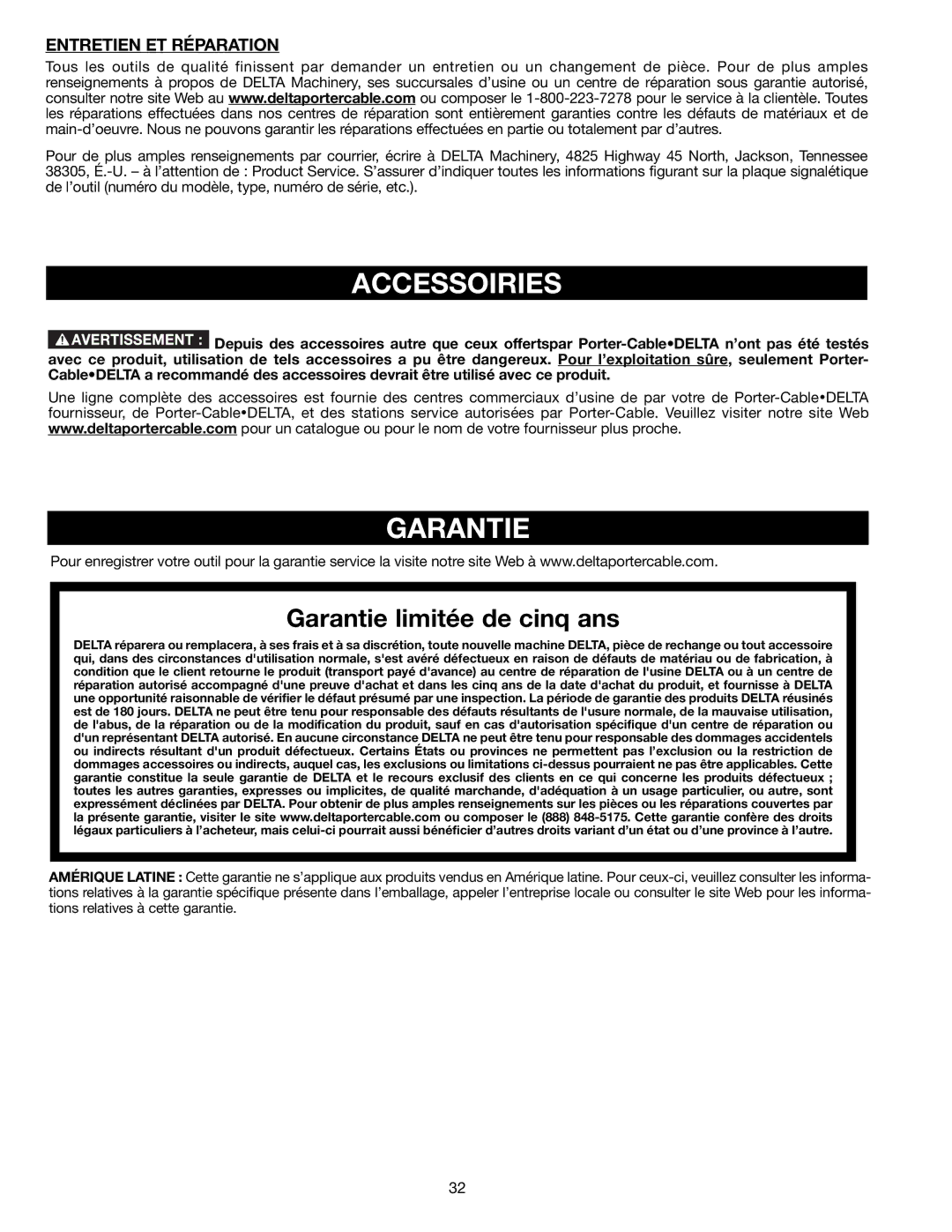 Delta 22-590 instruction manual Accessoiries, Garantie, Entretien ET Réparation 