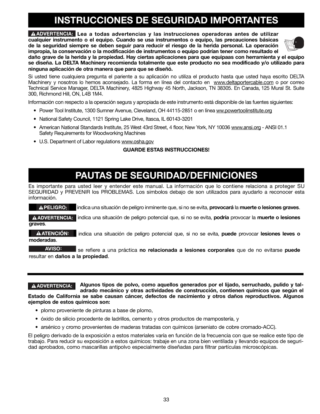 Delta 22-590 instruction manual Instrucciones DE Seguridad Importantes, Pautas DE SEGURIDAD/DEFINICIONES 