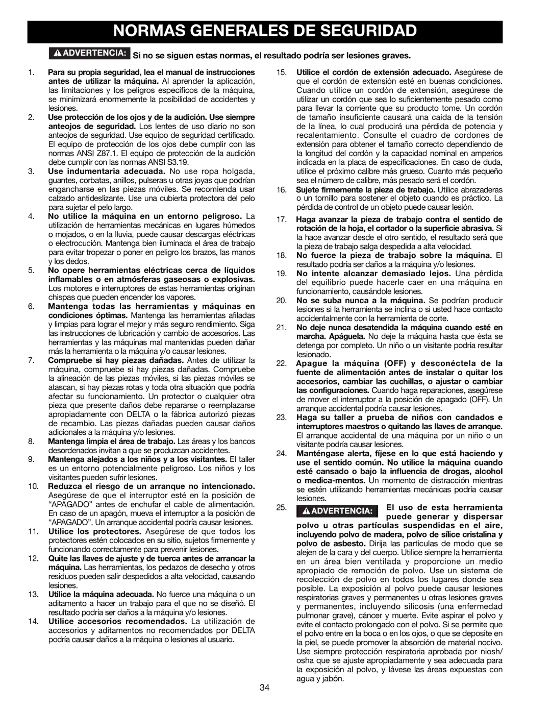 Delta 22-590 instruction manual Normas Generales DE Seguridad 