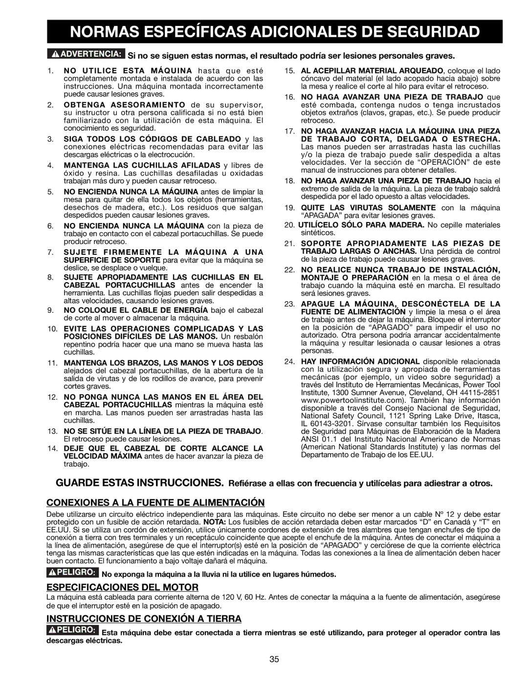 Delta 22-590 instruction manual Normas Específicas Adicionales DE Seguridad, Conexiones a LA Fuente DE Alimentación 