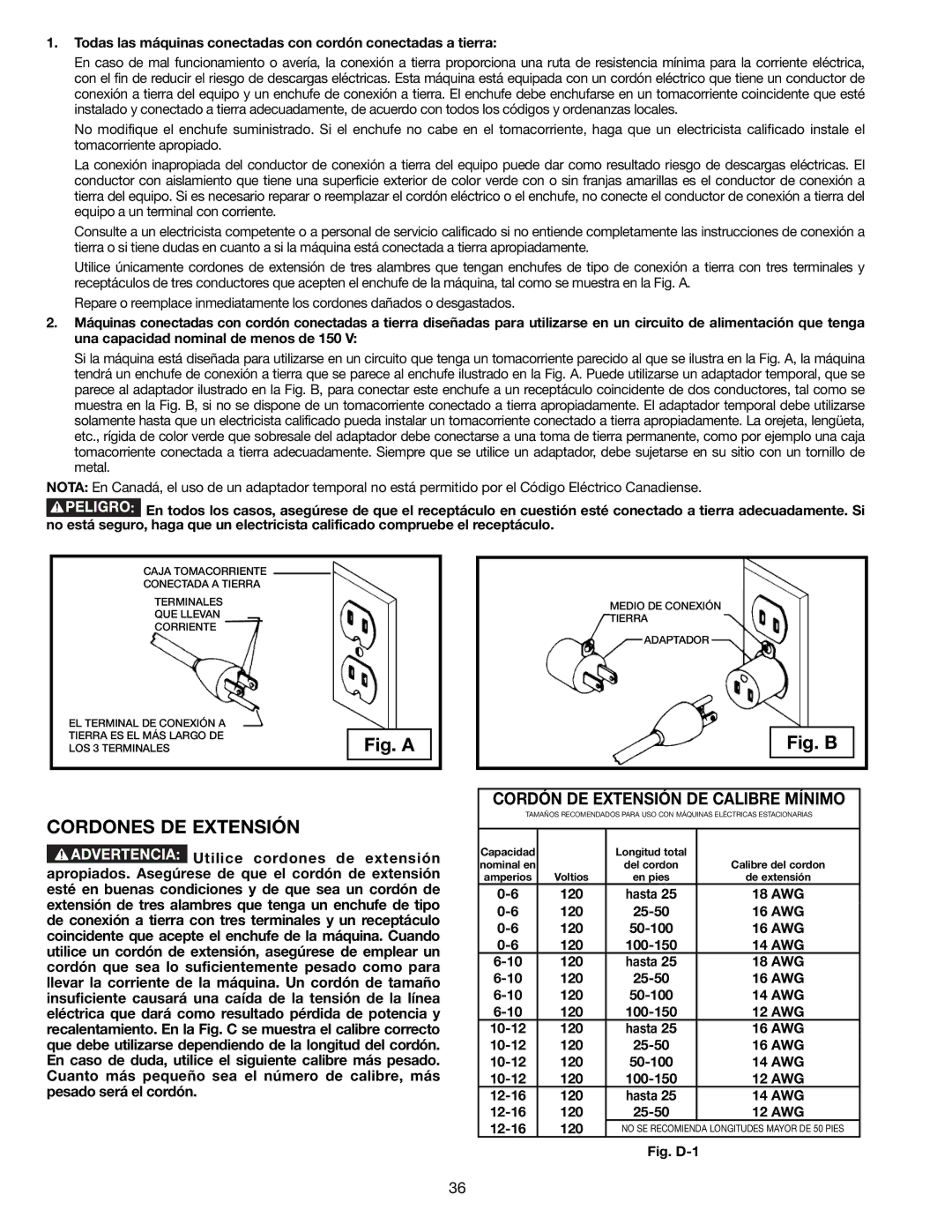 Delta 22-590 instruction manual Cordones DE Extensión, Cordón DE Extensión DE Calibre Mínimo 