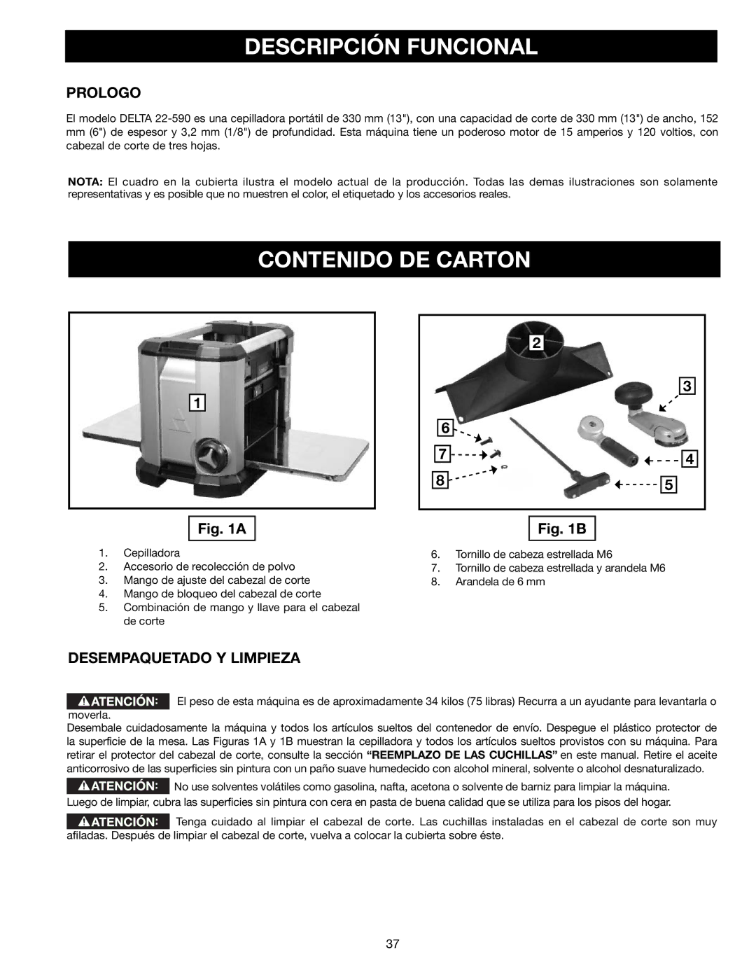 Delta 22-590 instruction manual Descripción Funcional, Contenido DE Carton, Prologo, Desempaquetado Y Limpieza 