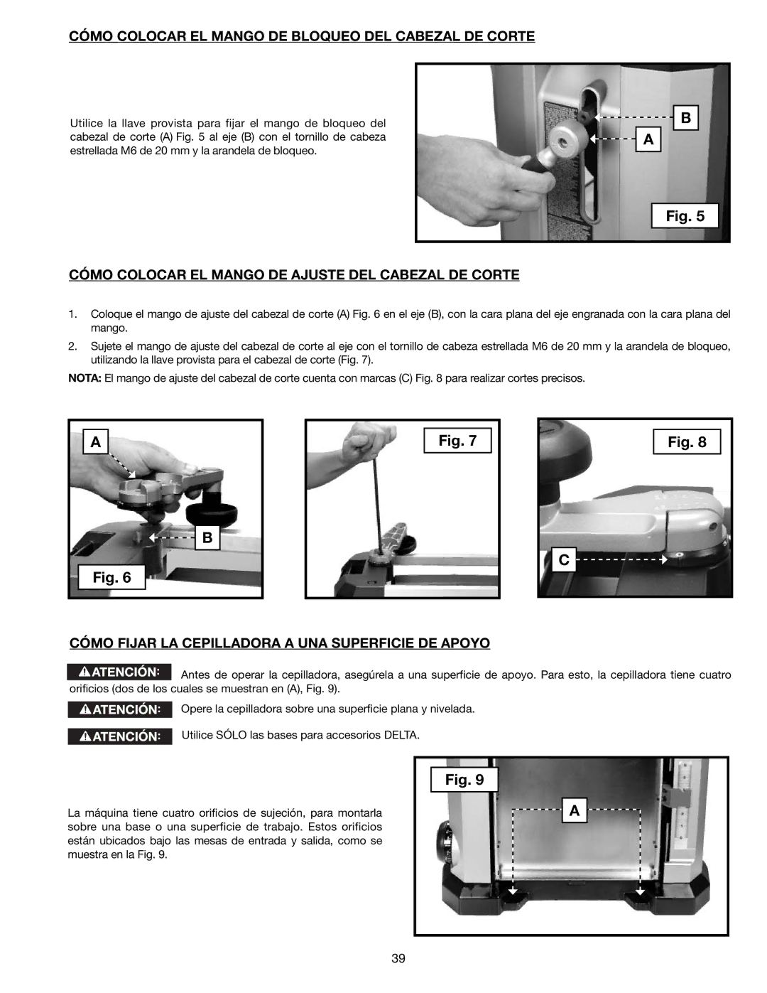 Delta 22-590 Cómo Colocar EL Mango DE Bloqueo DEL Cabezal DE Corte, Cómo Colocar EL Mango DE Ajuste DEL Cabezal DE Corte 