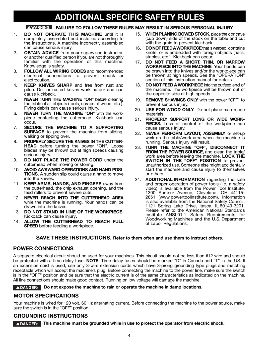 Delta 22-590 Additional Specific Safety Rules, Power Connections, Motor Specifications, Grounding Instructions 