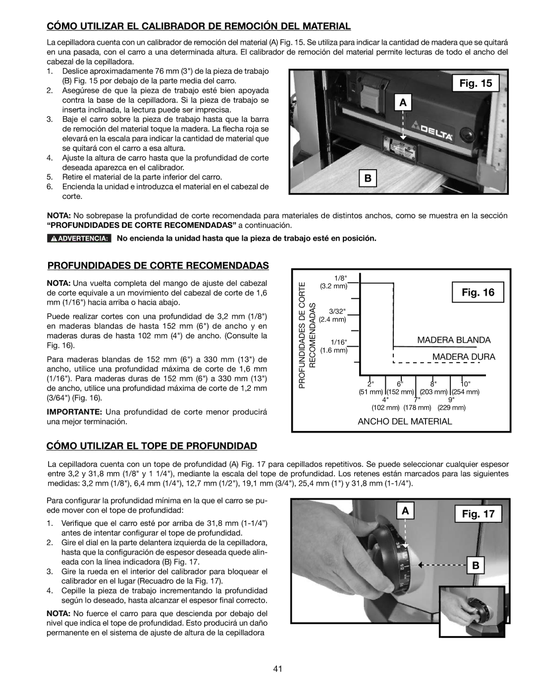 Delta 22-590 instruction manual Cómo Utilizar EL Calibrador DE Remoción DEL Material, Profundidades DE Corte Recomendadas 