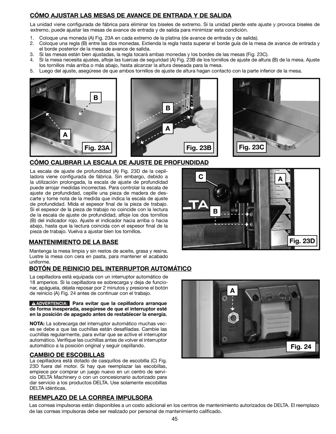 Delta 22-590 Cómo Ajustar LAS Mesas DE Avance DE Entrada Y DE Salida, Cómo Calibrar LA Escala DE Ajuste DE Profundidad 