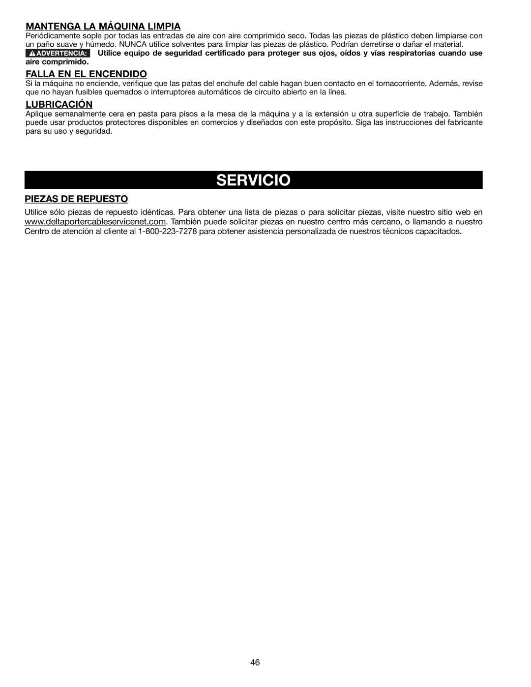 Delta 22-590 Servicio, Mantenga LA Máquina Limpia, Falla EN EL Encendido, Lubricación, Piezas DE Repuesto 