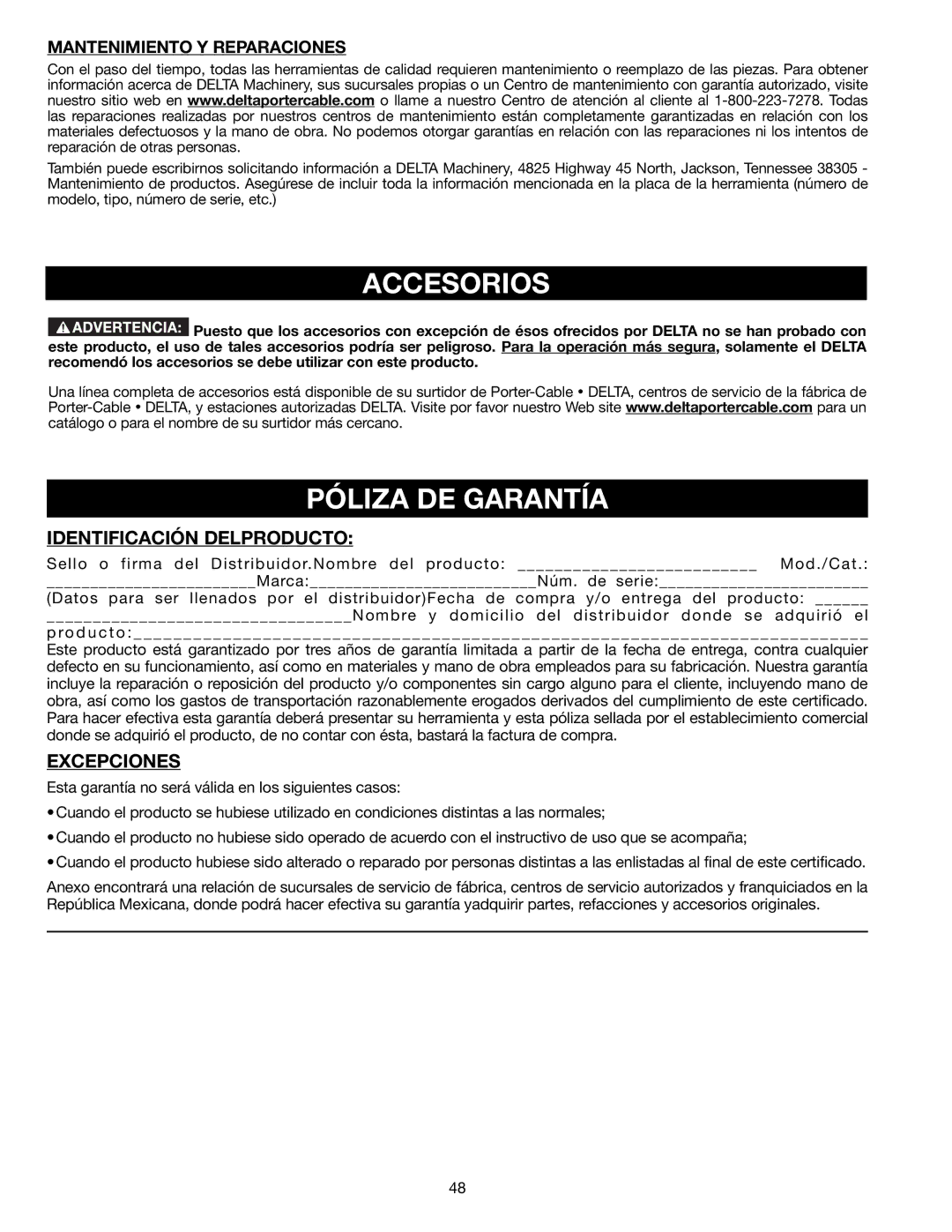 Delta 22-590 Accesorios, Póliza DE Garantía, Identificación Delproducto, Excepciones, Mantenimiento Y Reparaciones 