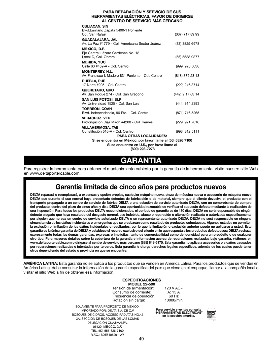 Delta 22-590 instruction manual Garantia, Para Otras Localidades 