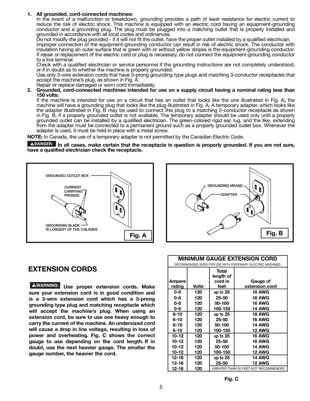 Delta 22-590 instruction manual Minimum Gauge Extension Cord, All grounded, cord-connected machines 