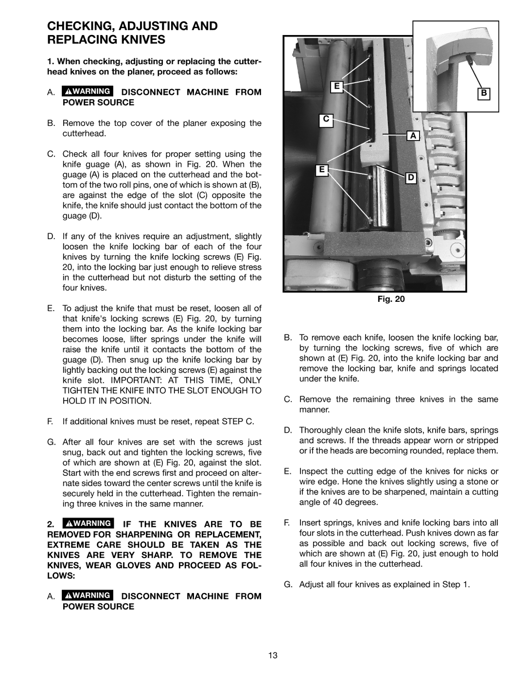 Delta 22-610 instruction manual CHECKING, Adjusting and Replacing Knives 