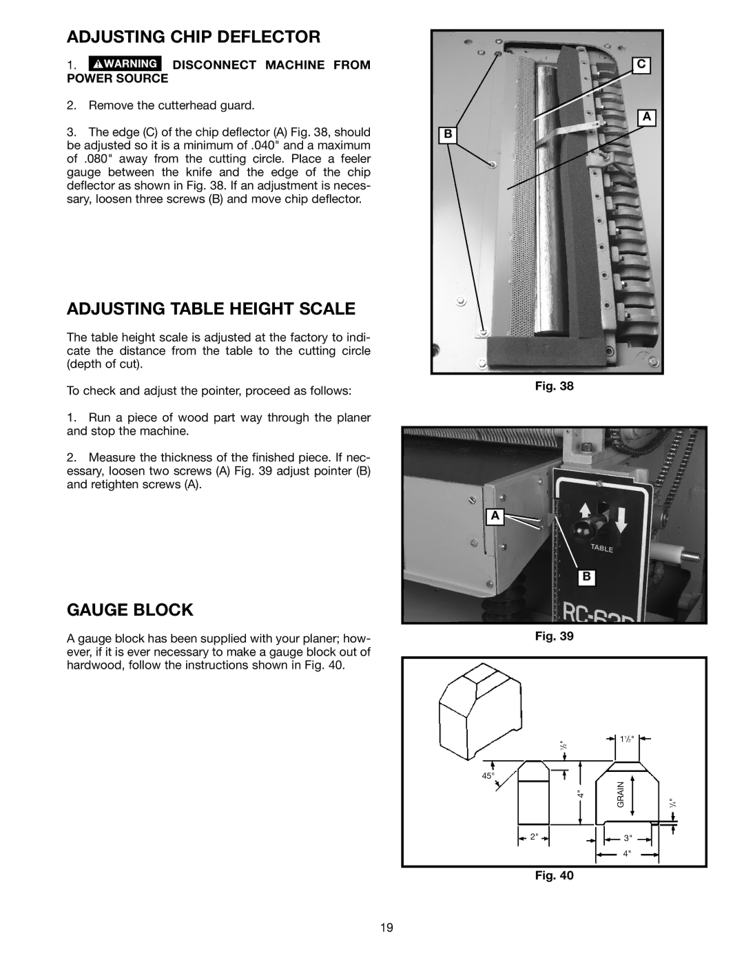 Delta 22-610 instruction manual Adjusting Chip Deflector, Adjusting Table Height Scale, Gauge Block 