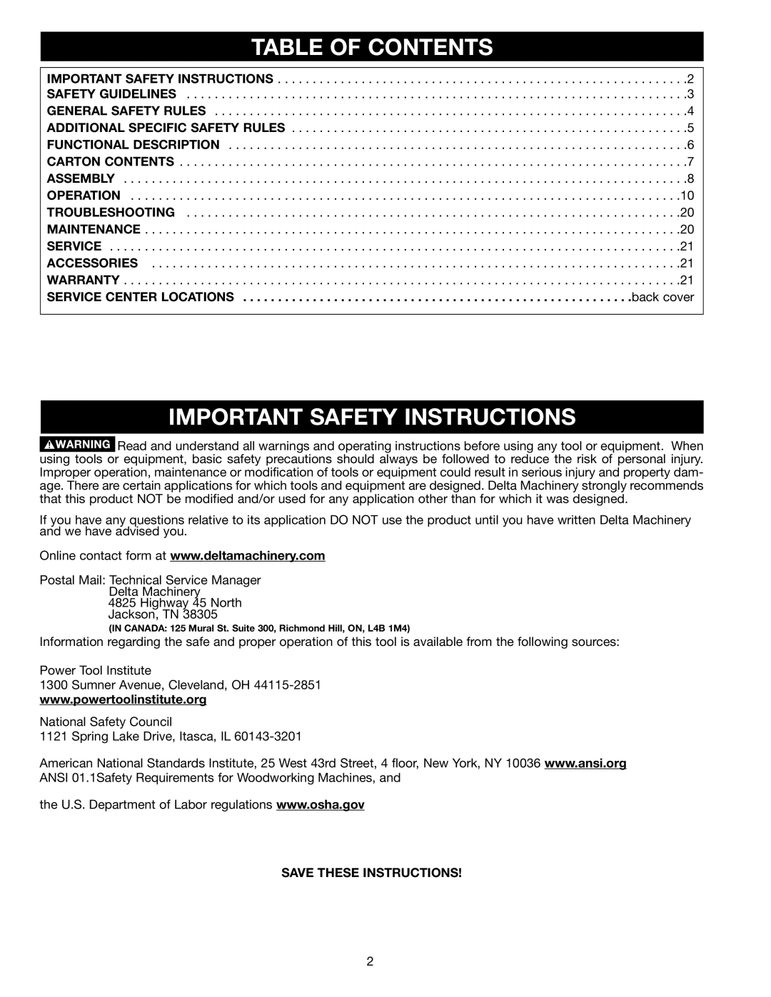 Delta 22-610 instruction manual Table of Contents, Important Safety Instructions 