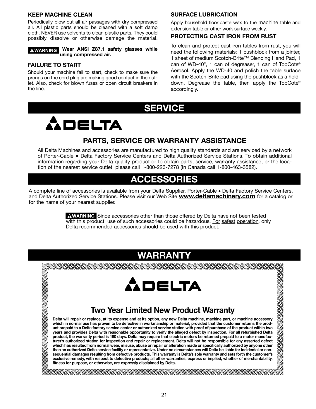 Delta 22-610 instruction manual Accessories, PARTS, Service or Warranty Assistance 