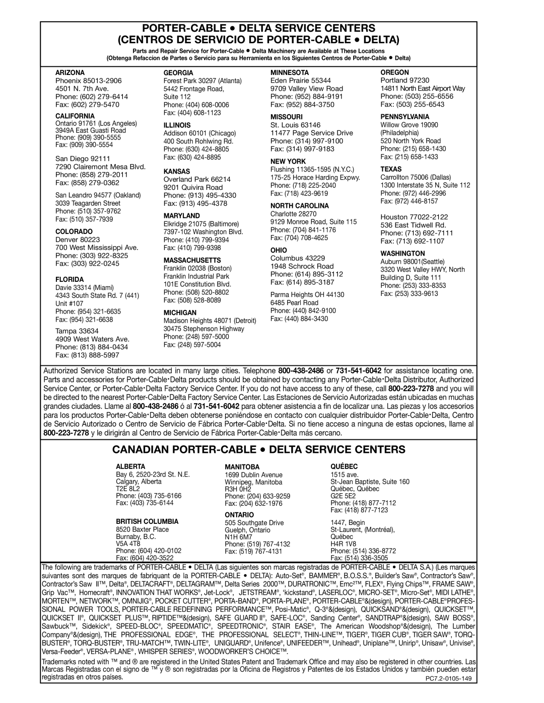 Delta 22-610 instruction manual Canadian PORTER-CABLE Delta Service Centers 