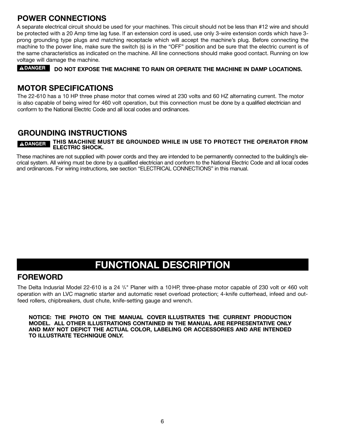 Delta 22-610 Functional Description, Power Connections, Motor Specifications, Grounding Instructions, Foreword 