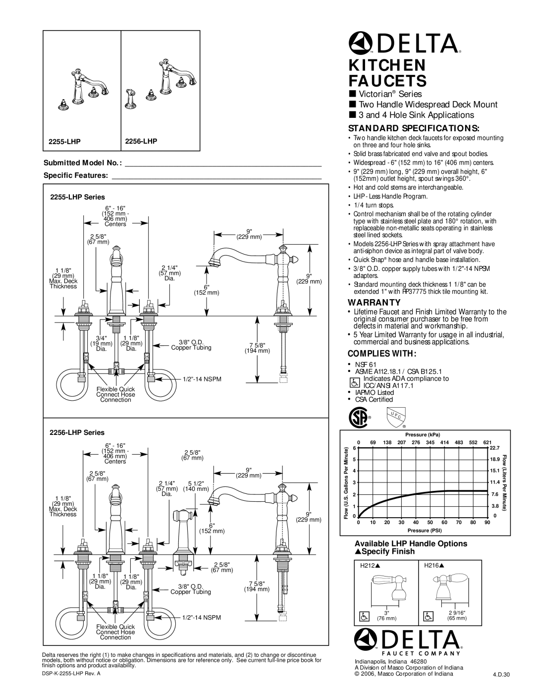 Delta 2256-LHP, 2255-LHP warranty Kitchen Faucets, Standard Specifications, Warranty, Complies with 