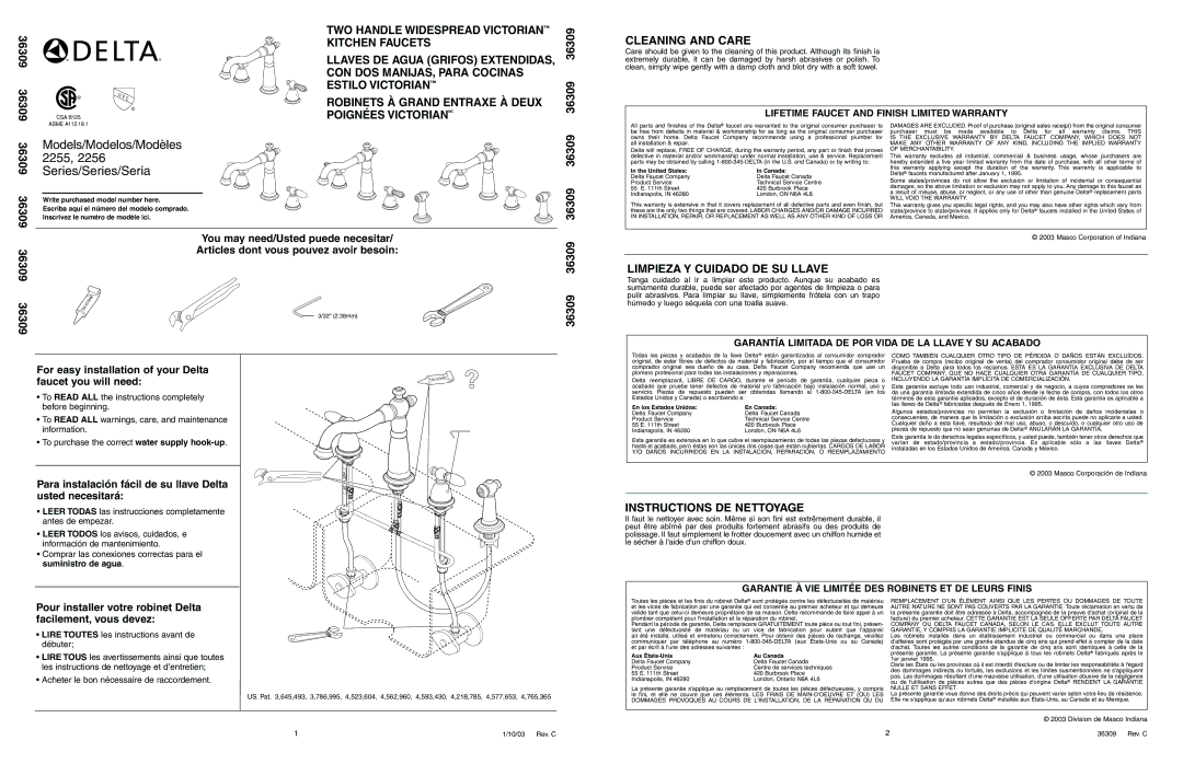 Delta 2255 Series warranty Lire Toutes les instructions avant de débuter, Acheter le bon nécessaire de raccordement 