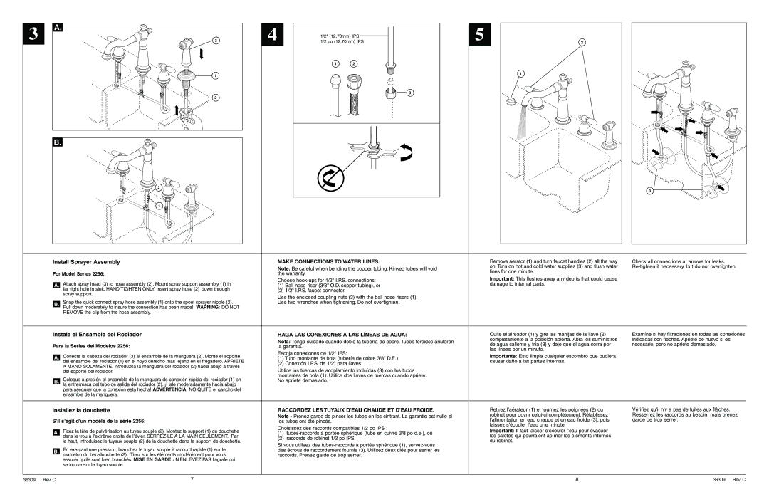 Delta 2256 Series, 2255 Series warranty Install Sprayer Assembly, Instale el Ensamble del Rociador, Installez la douchette 