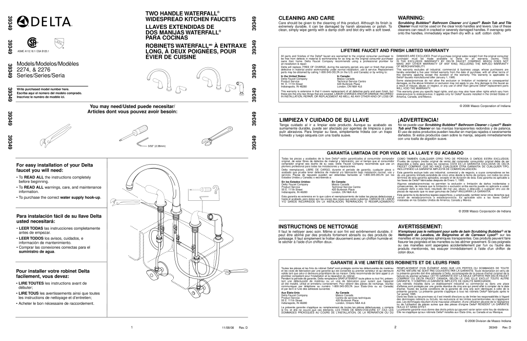 Delta 2276 Series, 2274 Series warranty Húmedo y luego séquela con una toalla suave, Le sécher à laide dun chiffon doux 