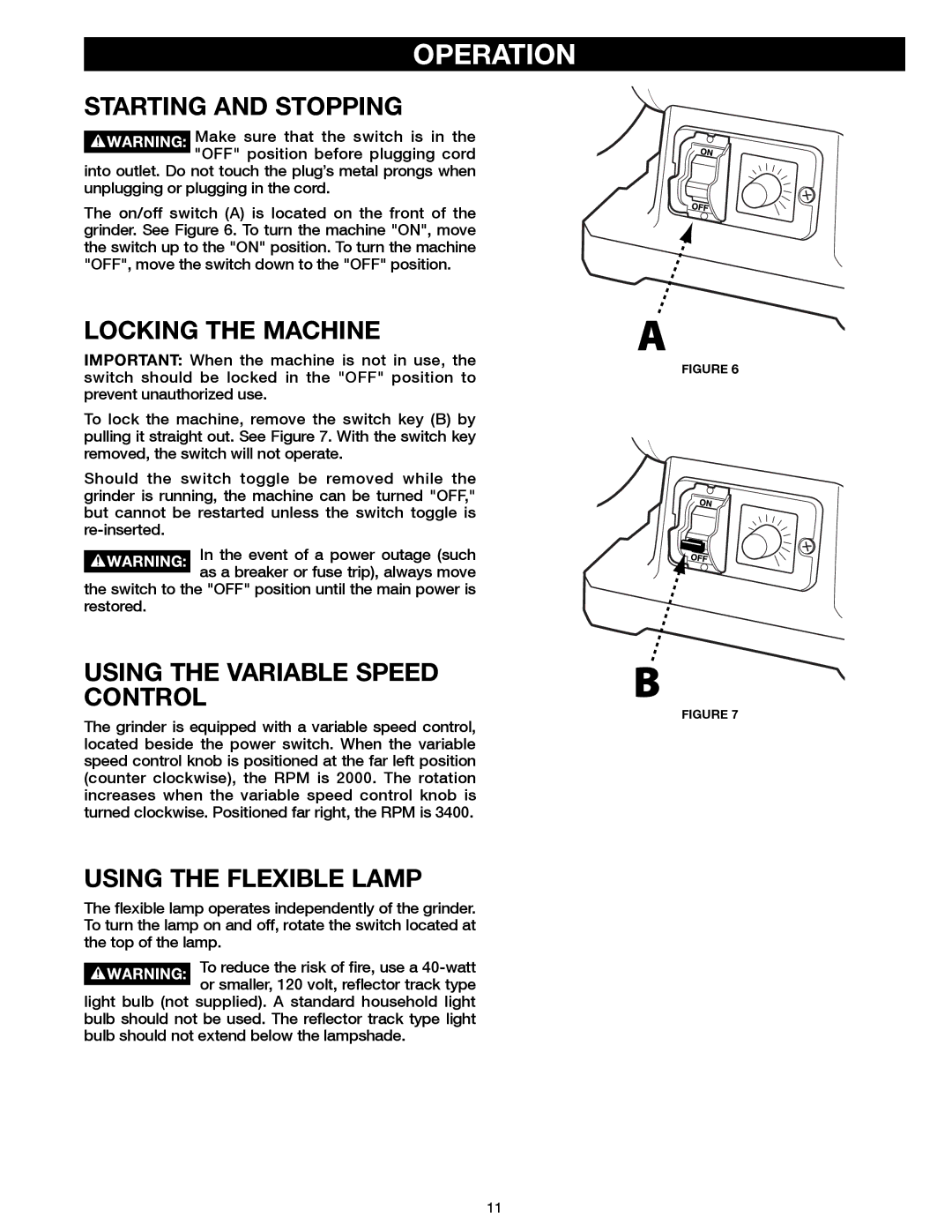 Delta 23-198, 23-199 Operation, Starting And Stopping, Locking the Machine, Using the Variable Speed Control 