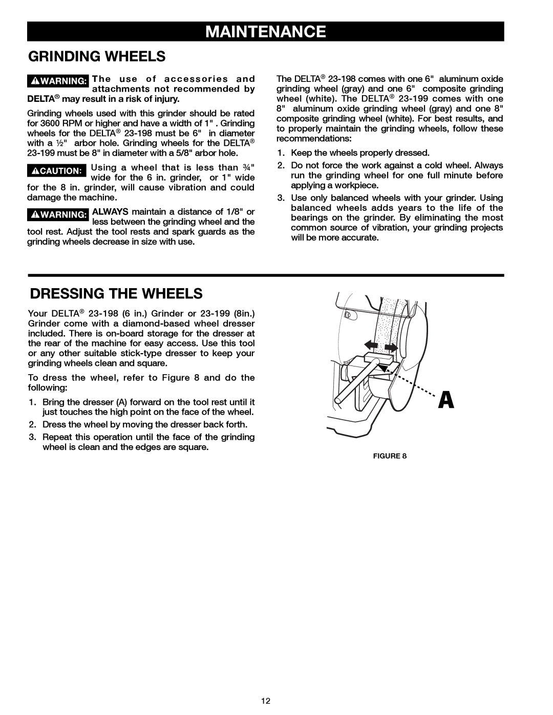 Delta 23-199, 23-198 instruction manual Maintenance, Grinding Wheels, Dressing the Wheels 