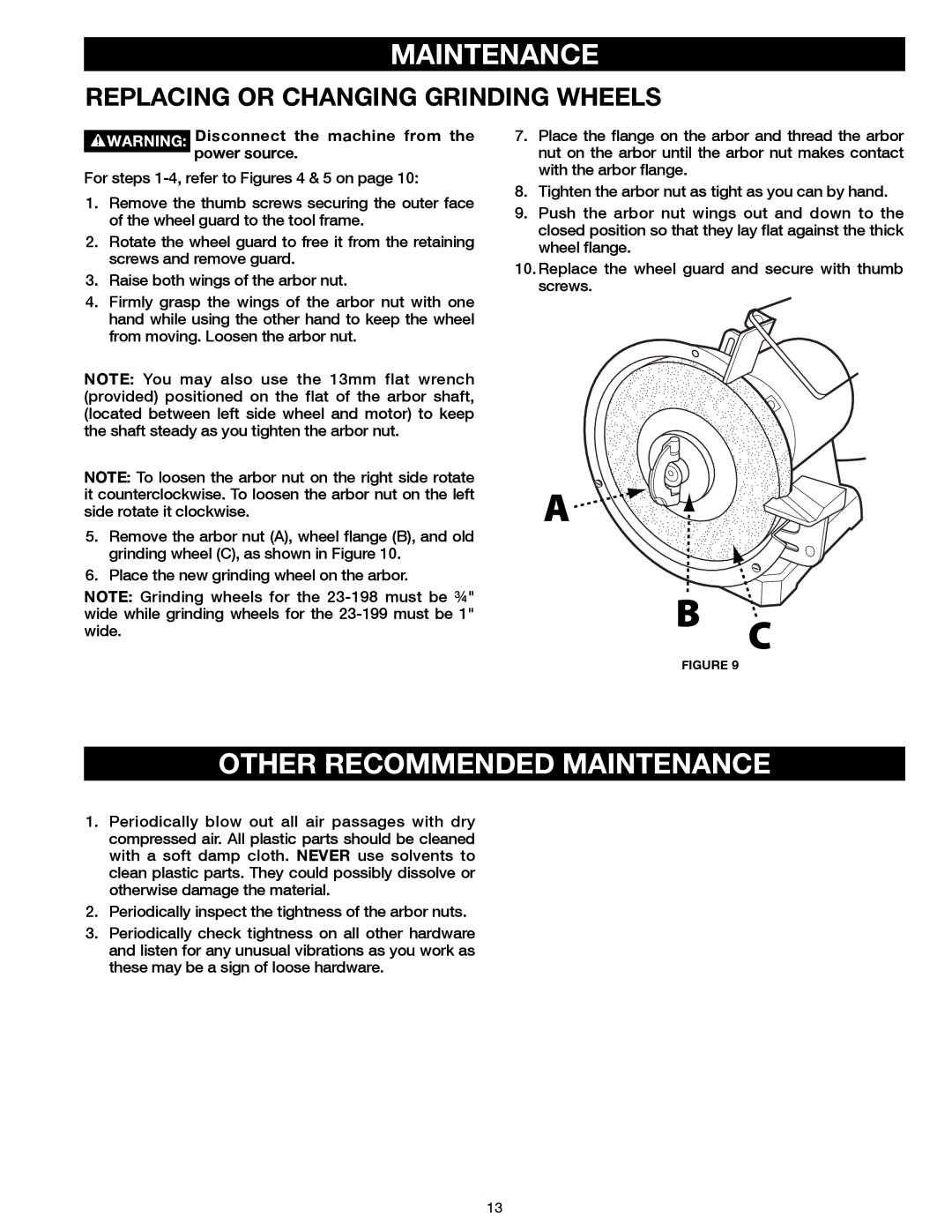 Delta 23-198, 23-199 instruction manual Other Recommended Maintenance, Replacing or Changing Grinding Wheels 