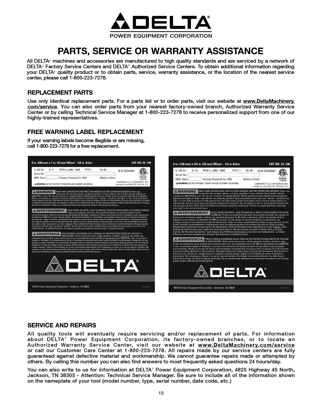 Delta 23-198, 23-199 instruction manual Replacement Parts, Service and Repairs 