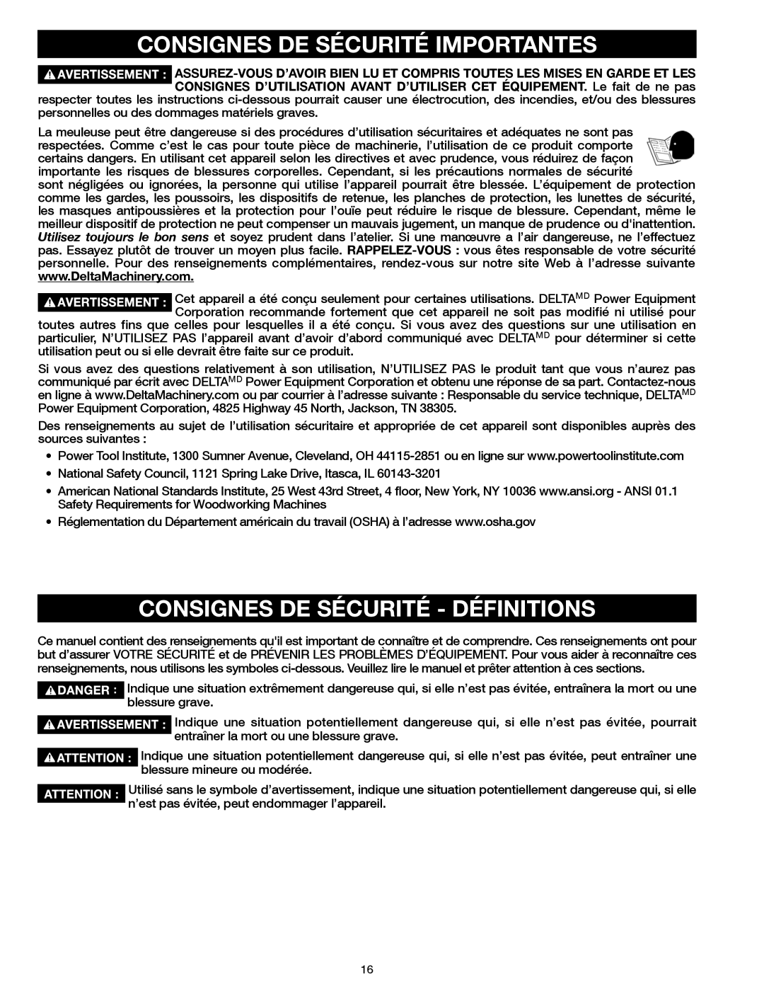 Delta 23-199, 23-198 instruction manual Consignes DE Sécurité Importantes, Consignes DE Sécurité Définitions 