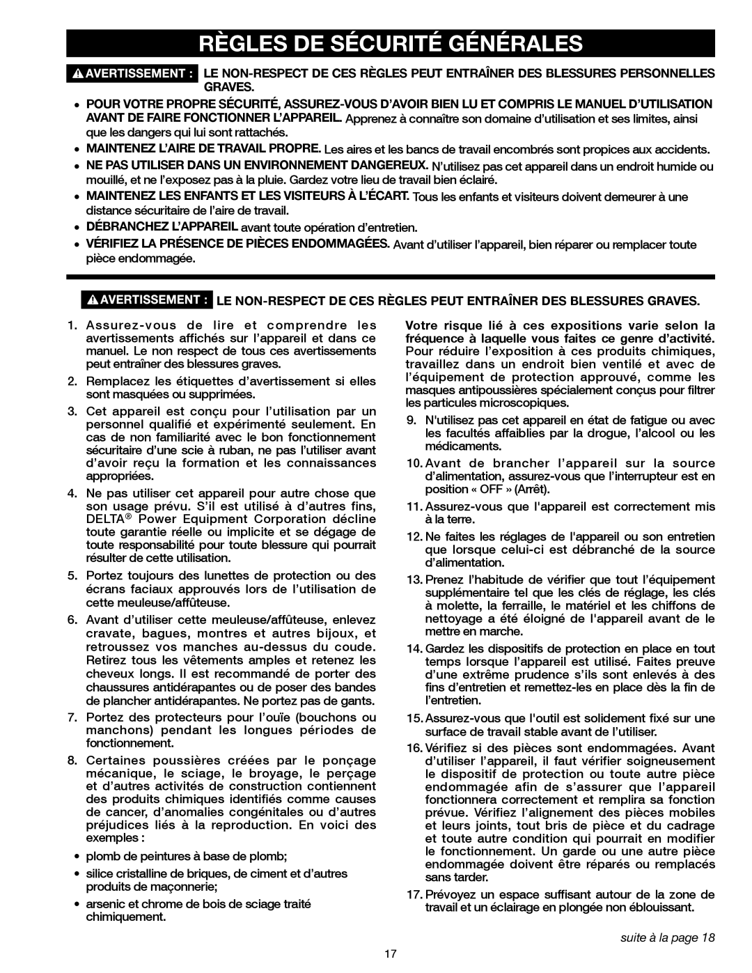 Delta 23-198, 23-199 instruction manual Règles DE Sécurité Générales, Suite à la 