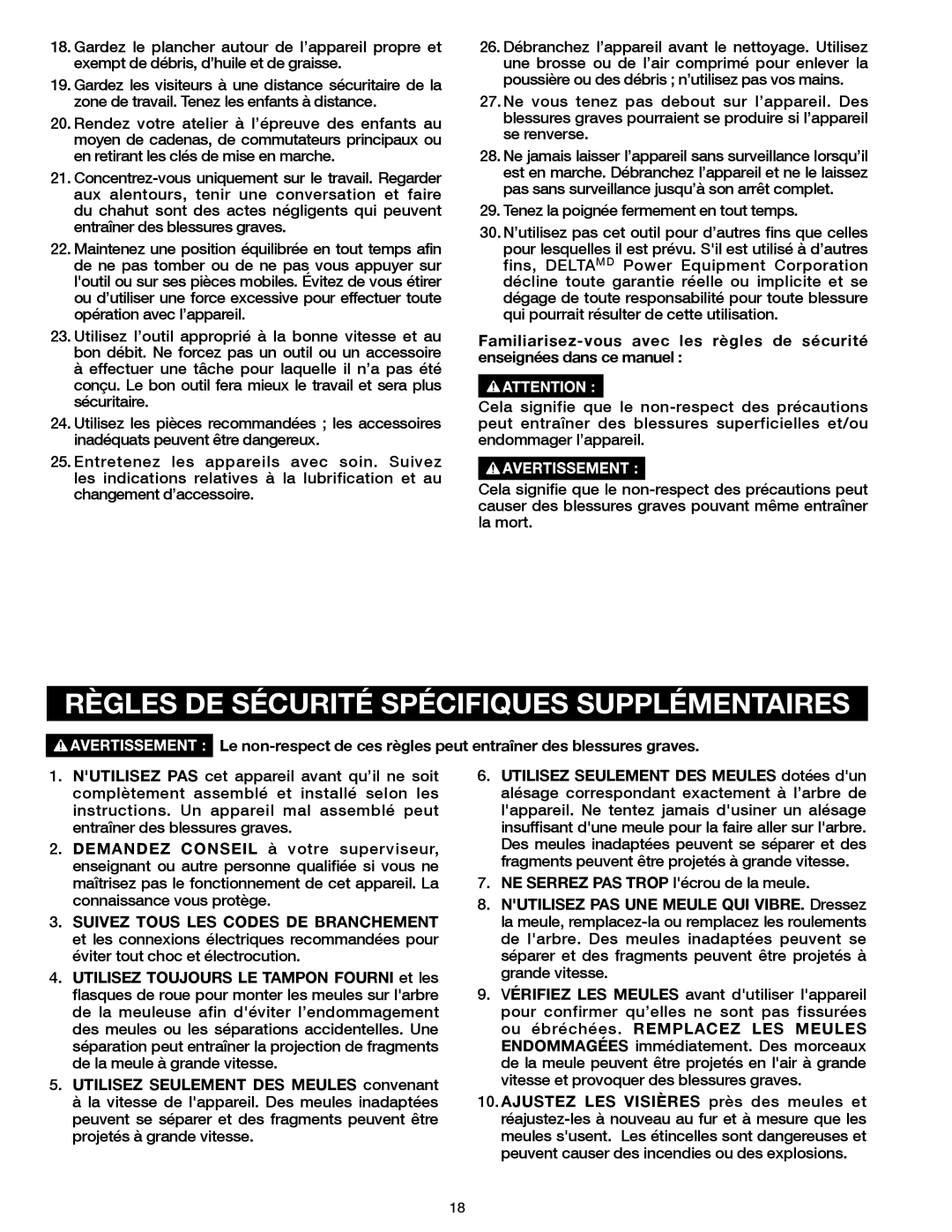 Delta 23-199, 23-198 instruction manual Règles DE Sécurité Spécifiques Supplémentaires 
