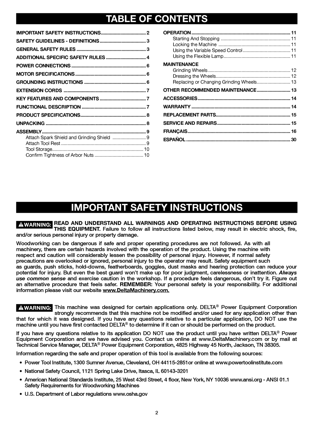 Delta 23-199, 23-198 instruction manual Table of Contents, Important Safety Instructions 