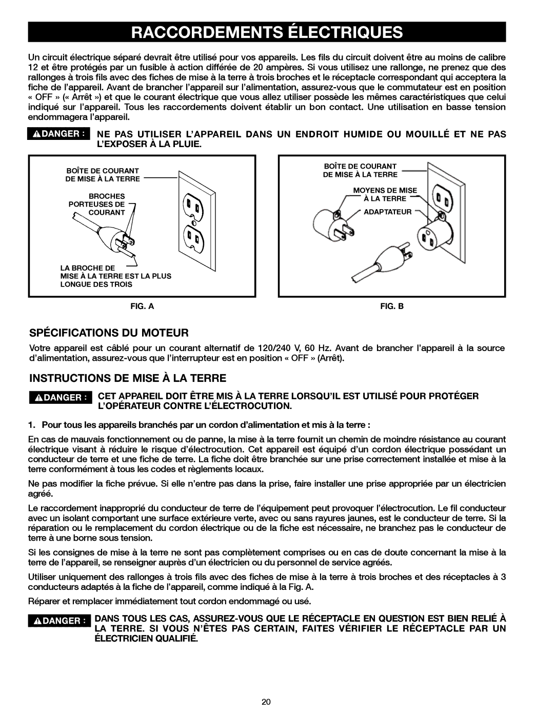 Delta 23-199, 23-198 instruction manual Raccordements Électriques, Spécifications DU Moteur, Instructions DE Mise À LA Terre 