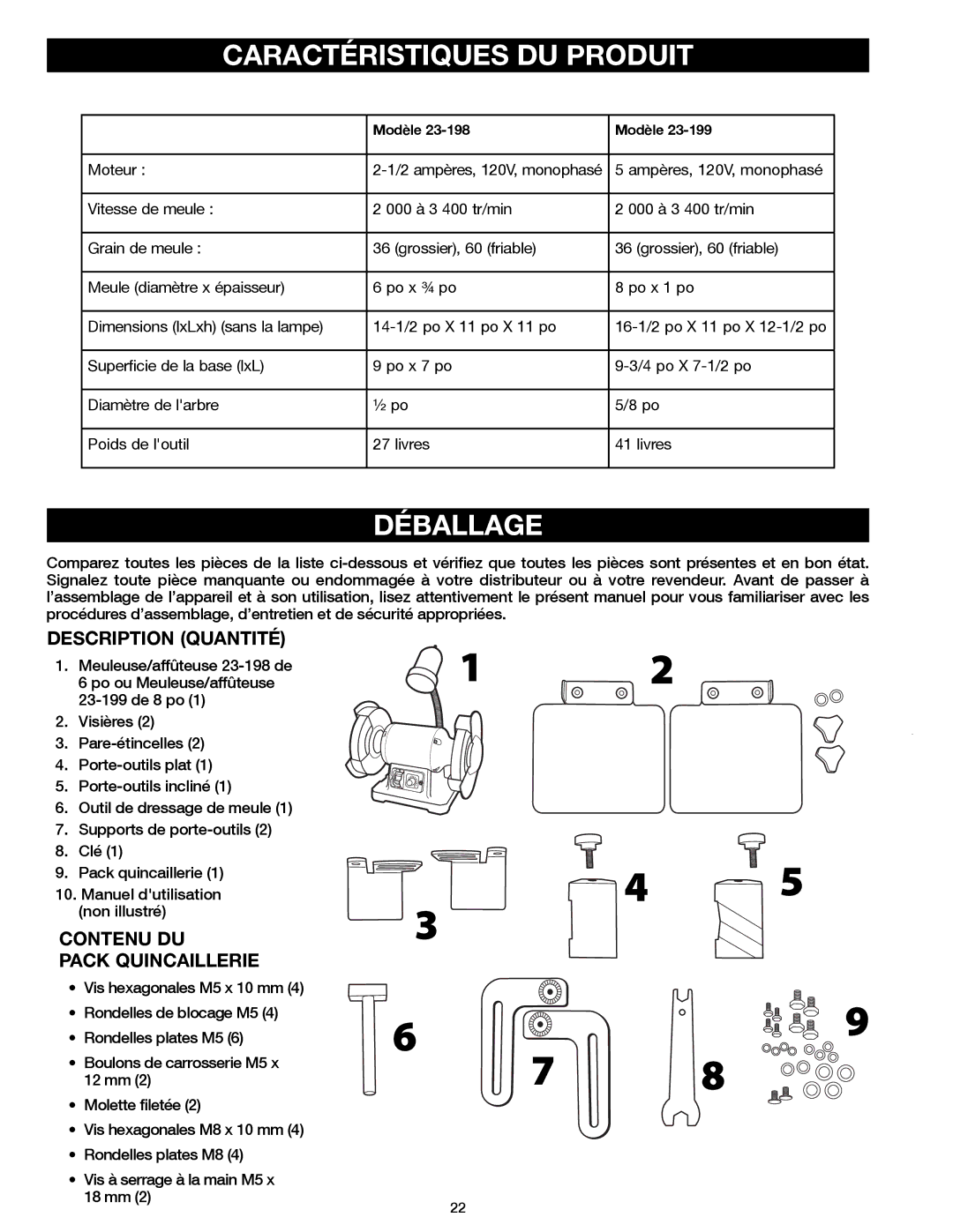 Delta 23-199, 23-198 instruction manual Caractéristiques DU Produit, Déballage 