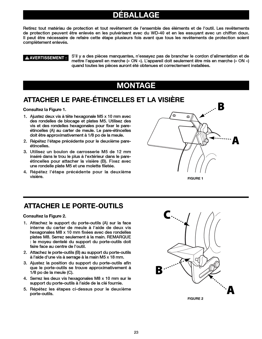 Delta 23-198 Montage, Attacher le pare-étincelles et la visière, Attacher le porte-outils, Consultez la Figure, Visière 