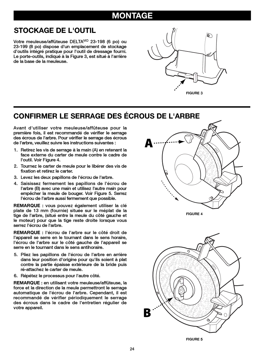 Delta 23-199, 23-198 instruction manual Stockage de loutil, Confirmer le serrage des écrous de larbre 