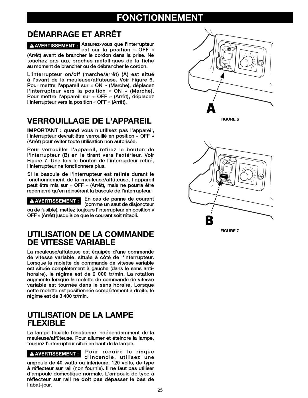 Delta 23-198 Fonctionnement, Démarrage et Arrêt, Verrouillage de lappareil, Utilisation de la commande de vitesse variable 