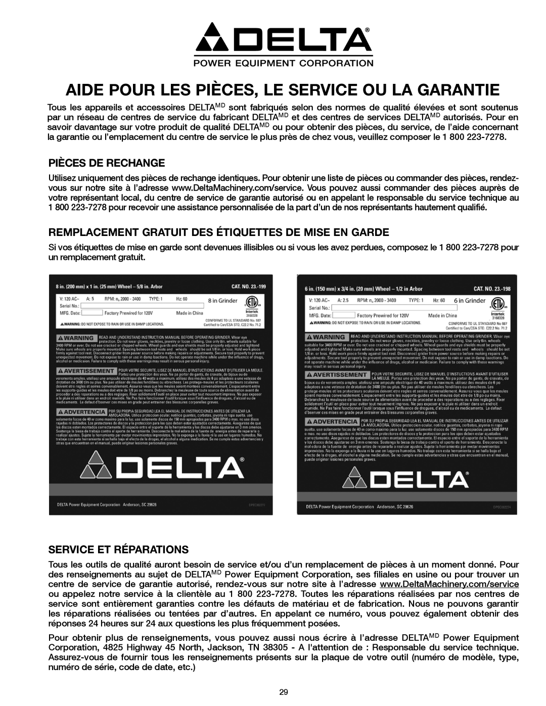 Delta 23-198, 23-199 instruction manual Aide Pour LES PIÈCES, LE Service OU LA Garantie, Service ET Réparations 