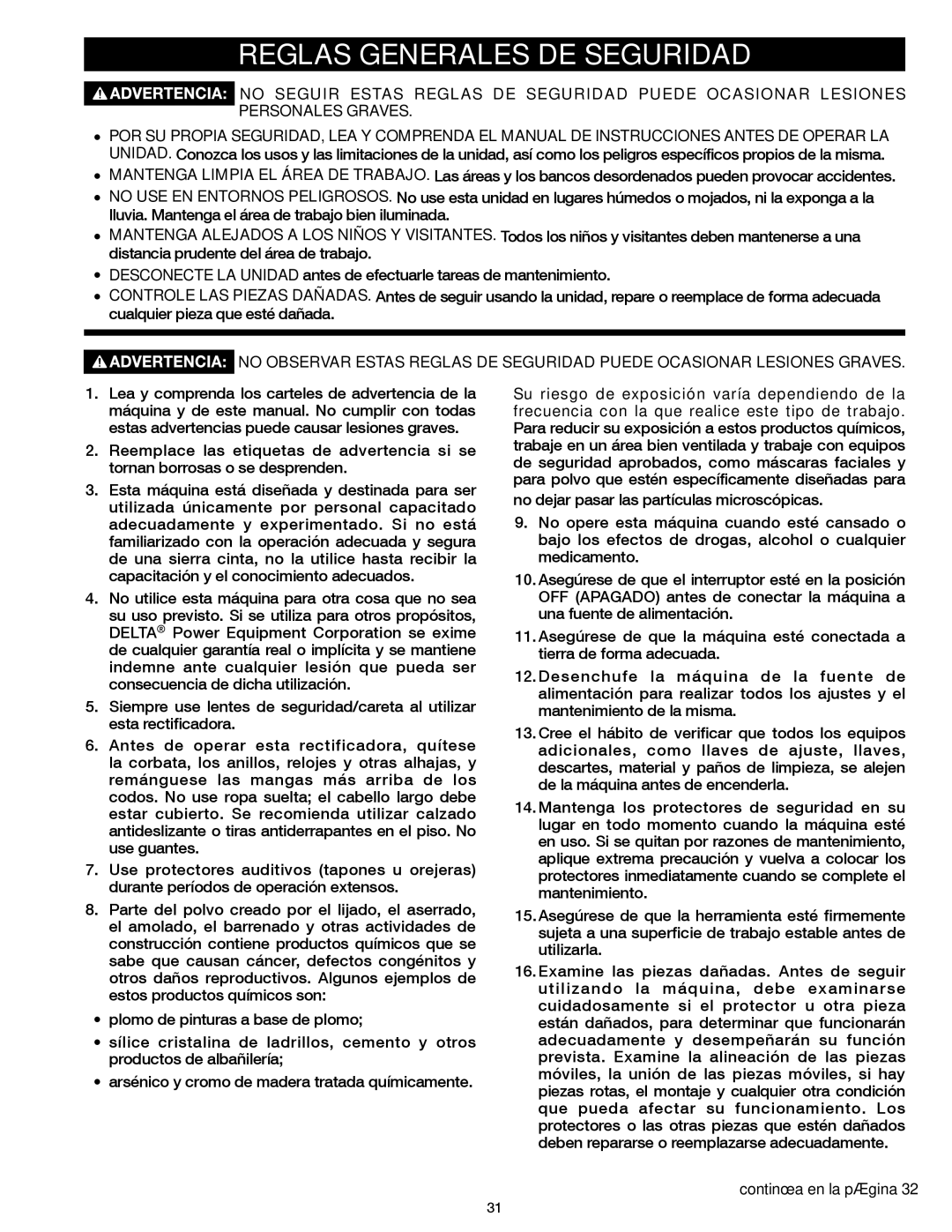 Delta 23-198, 23-199 instruction manual Reglas Generales DE Seguridad, Continúa en la página 