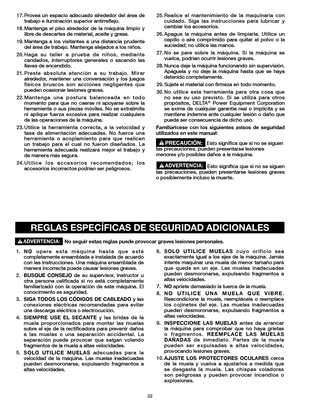 Delta 23-199, 23-198 instruction manual Reglas Específicas DE Seguridad Adicionales 