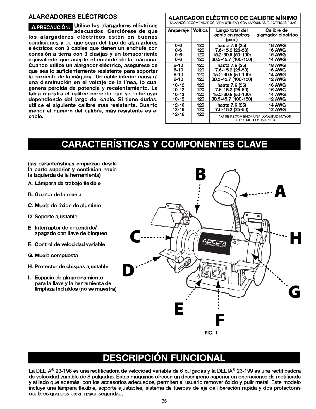 Delta 23-198, 23-199 instruction manual Características Y Componentes Clave, Descripción Funcional, Alargadores Eléctricos 